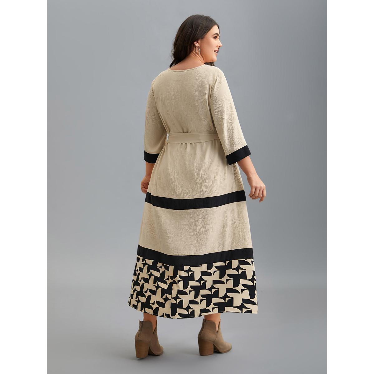 Plus Size Color-Block Belted Pockets Midi Dress Apricot Women Casual Texture Round Neck Elbow-length sleeve Curvy BloomChic 18-20/2X Product Image