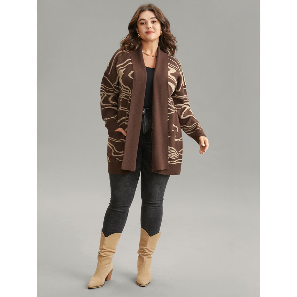Plus Size Supersoft Essentials Water Ripple Pocket Cardigan DarkBrown Women Casual Loose Long Sleeve Dailywear Cardigans BloomChic 10/M Product Image
