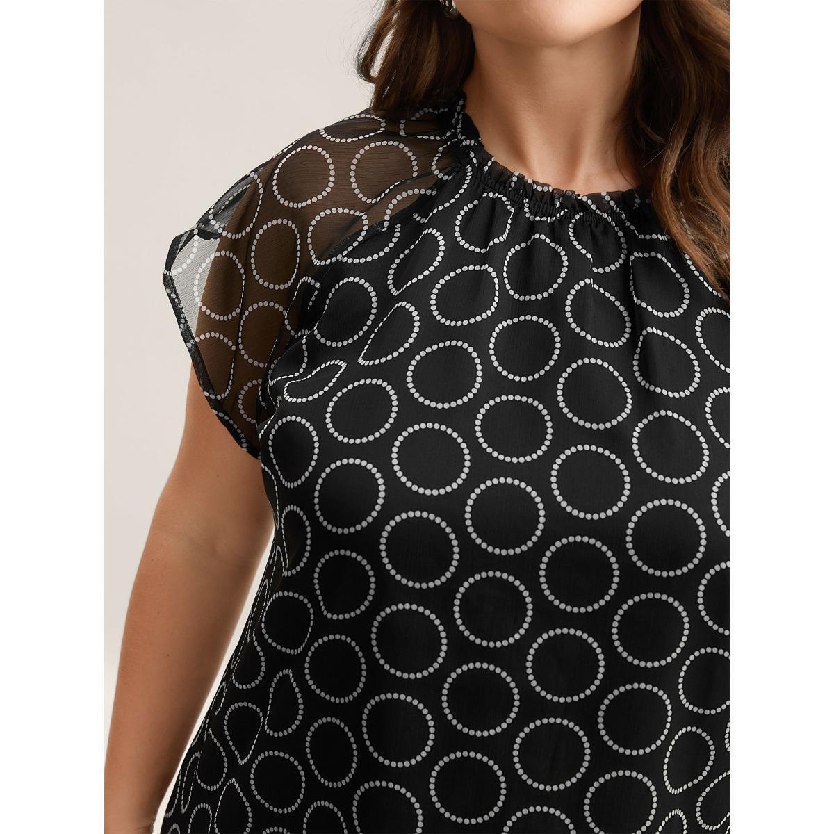 Plus Size Black Polka Dot Mock Neck Mesh Patchwork Blouse Women Workwear Essentials Cap Sleeve Round Neck Work Blouses BloomChic 28/5X Product Image