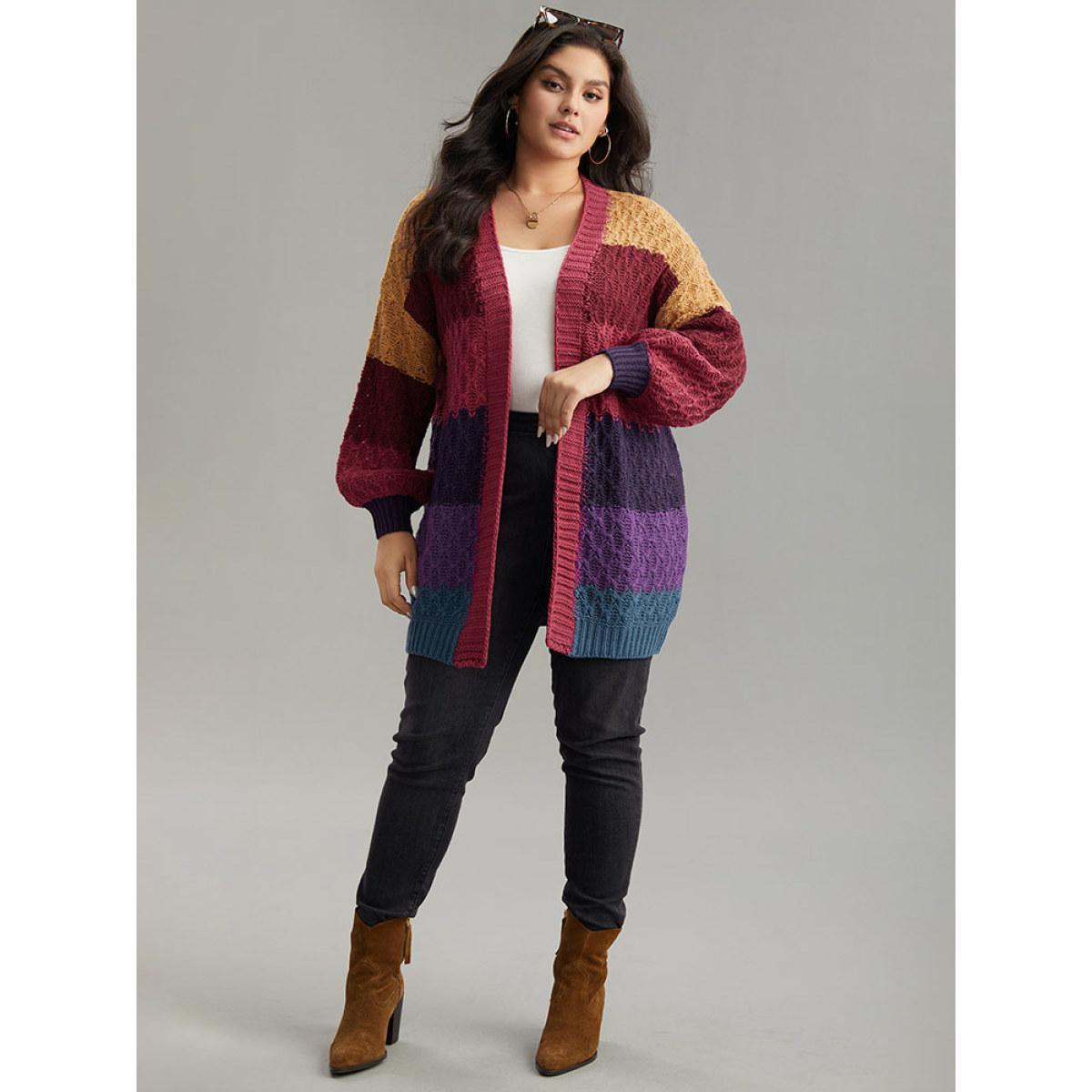 Plus Size Rainbow Colorblock Lantern Sleeve Cardigan Multicolor Women Casual Loose Long Sleeve Dailywear Cardigans BloomChic 12/L Product Image