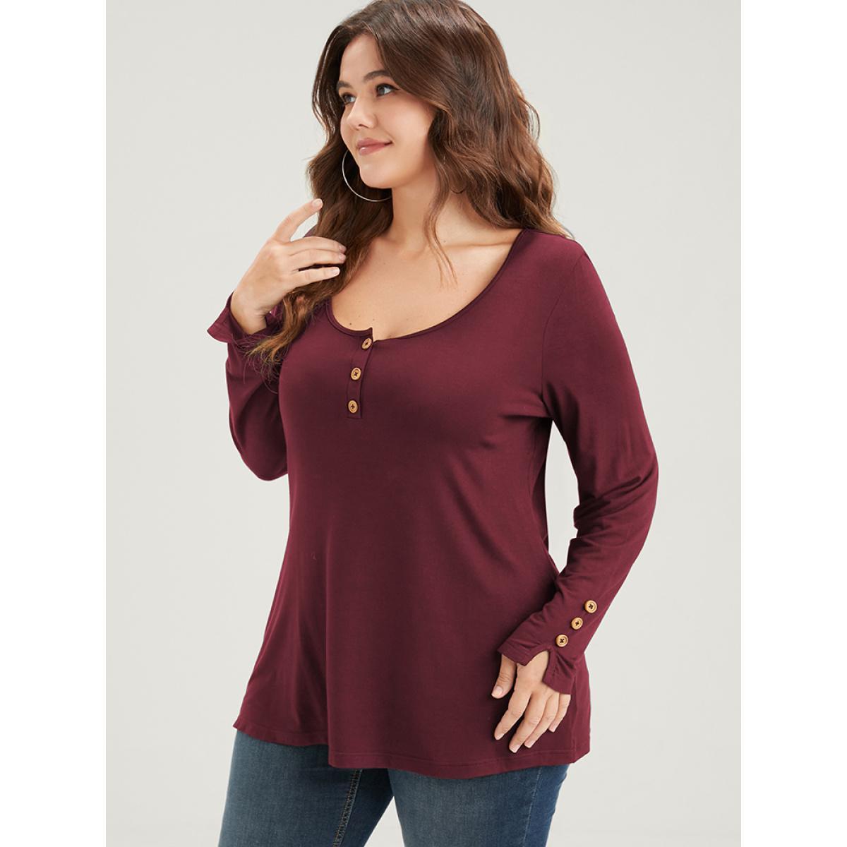 Plus Size Plain Button Front Scoop Neck Modal Long Tee Scarlet Women Elegant Button Plain Scoop Neck Bodycon Dailywear T-shirts BloomChic 28/5X Product Image
