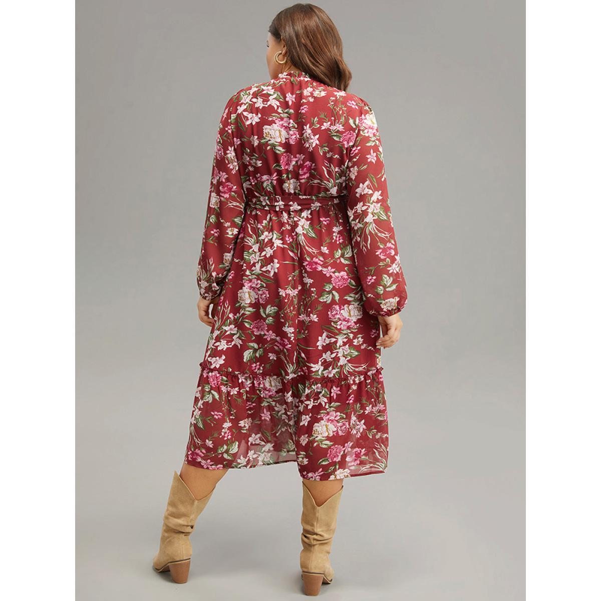 Plus Size Floral Print Belted Patchwork Gathered Dress Scarlet Women Elegant Elastic cuffs Round Neck Long Sleeve Curvy Midi Dress BloomChic 22-24/3X Product Image