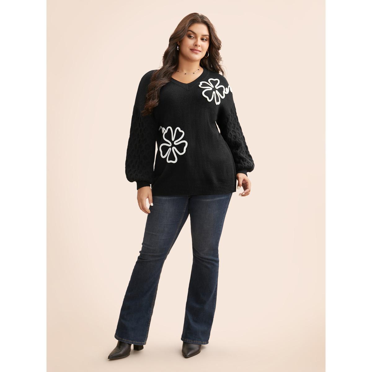 Plus Size Crochet Floral Texture V Neck Pullover Black Women Casual Loose Long Sleeve V-neck Everyday Pullovers BloomChic 30/6X Product Image