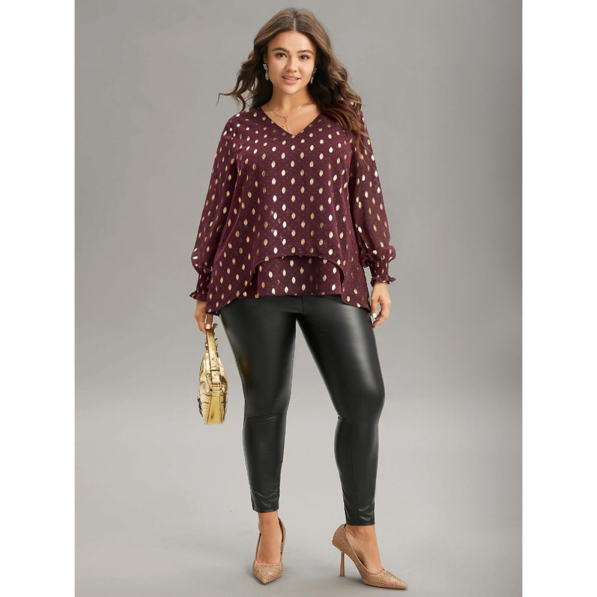 Plus Size Scarlet Glitter Polka Dot Textured Shirred Tiered Blouse Women Glamour Long Sleeve V-neck Party Blouses BloomChic 10/M Product Image