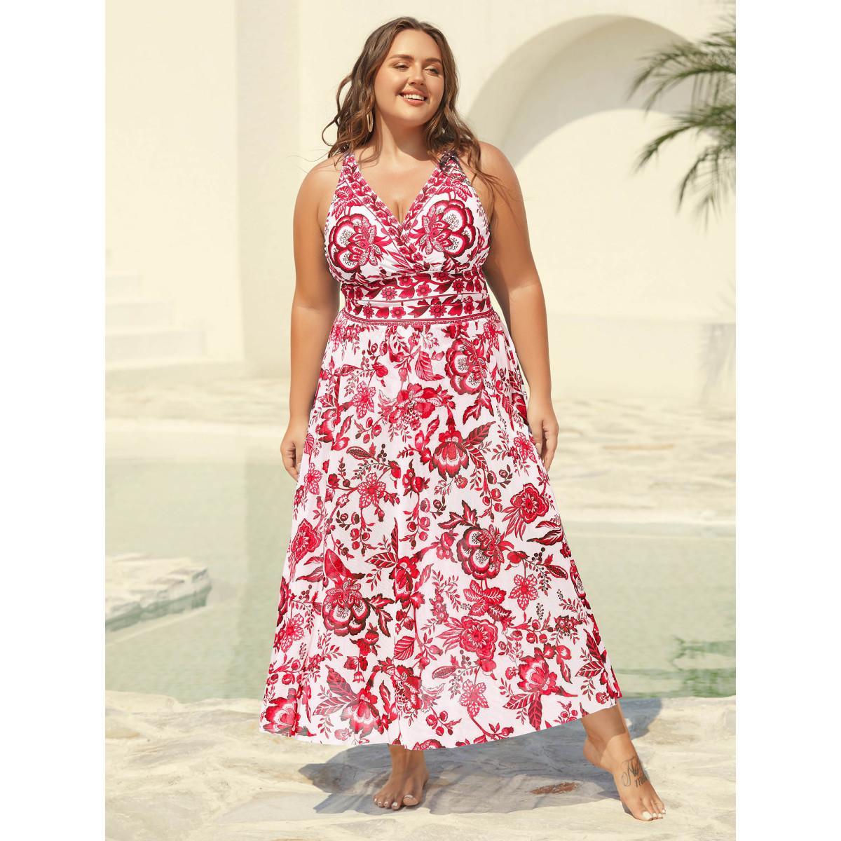 Plus Size Two-Piece Floral Print Ruched Mesh Swimsuit, Sarong Women's Swimwear Scarlet Beach Gathered Curve Bathing Suits High stretch One Pieces BloomChic 12/L Product Image