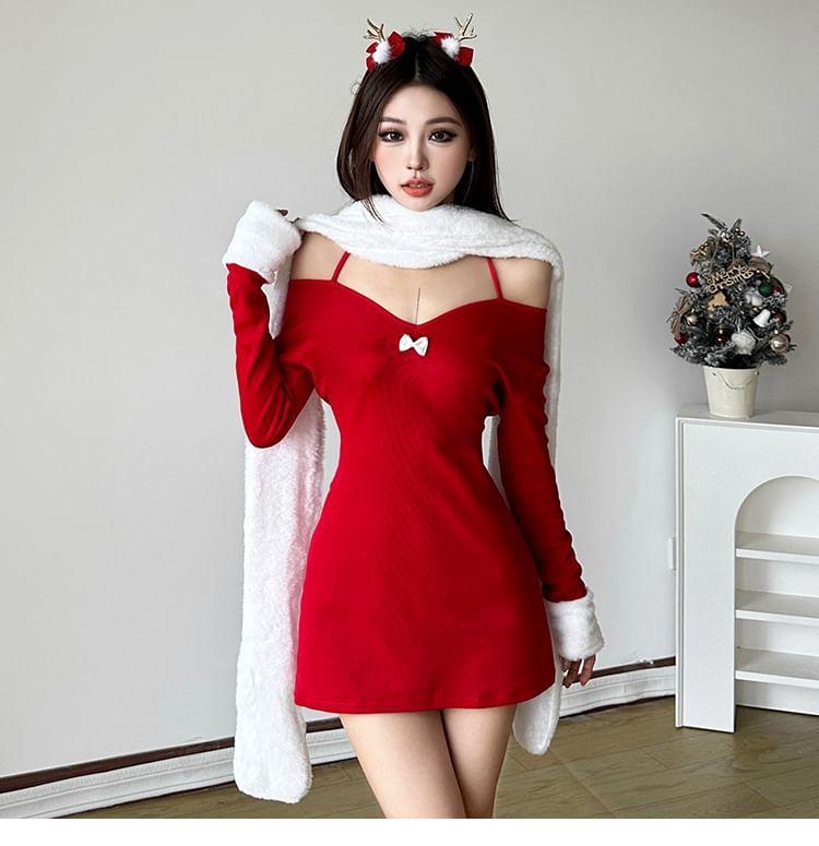 Long-Sleeve Cold Shoulder Bowknot Mini A-Line Dress / Hooded Scarf Product Image