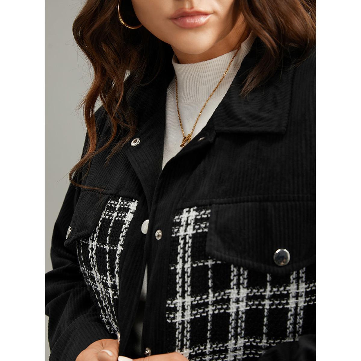 Plus Size Plaid Metal Detail Patchwork Shacket Women Black Elegant Texture Ladies Everyday Winter Coats BloomChic 10/M Product Image