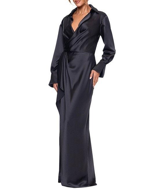 Xscape Long Sleeve Collared V-Neck Satin Dress Product Image