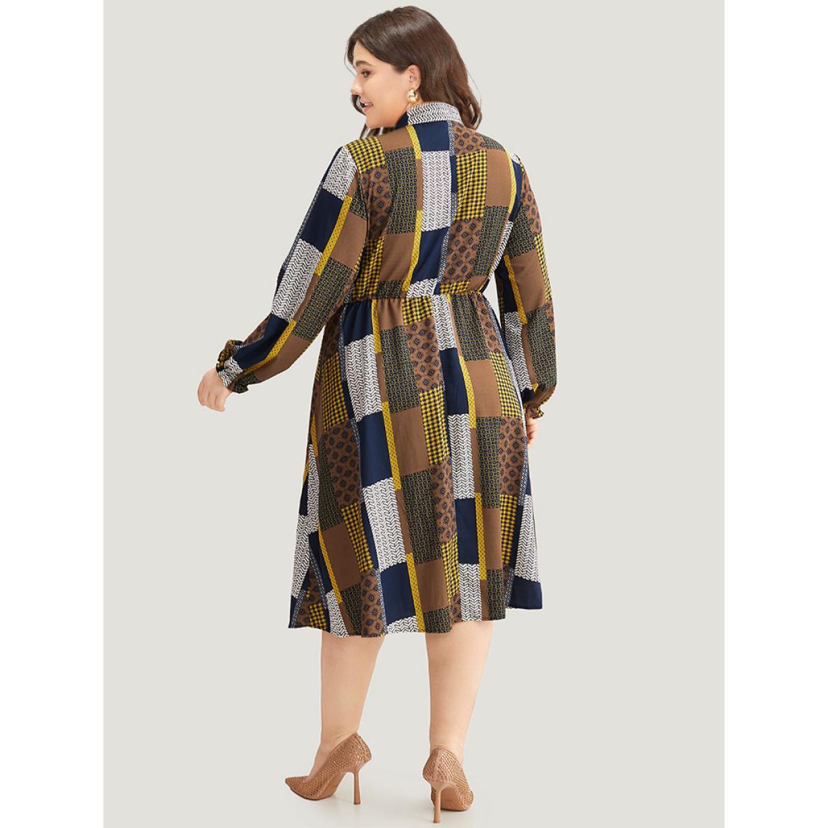 Plus Size Colorblock Patchwork Lantern Sleeve Knot Dress Multicolor Women Office Cross straps Tie Neck Long Sleeve Curvy Midi Dress BloomChic 30/6X Product Image