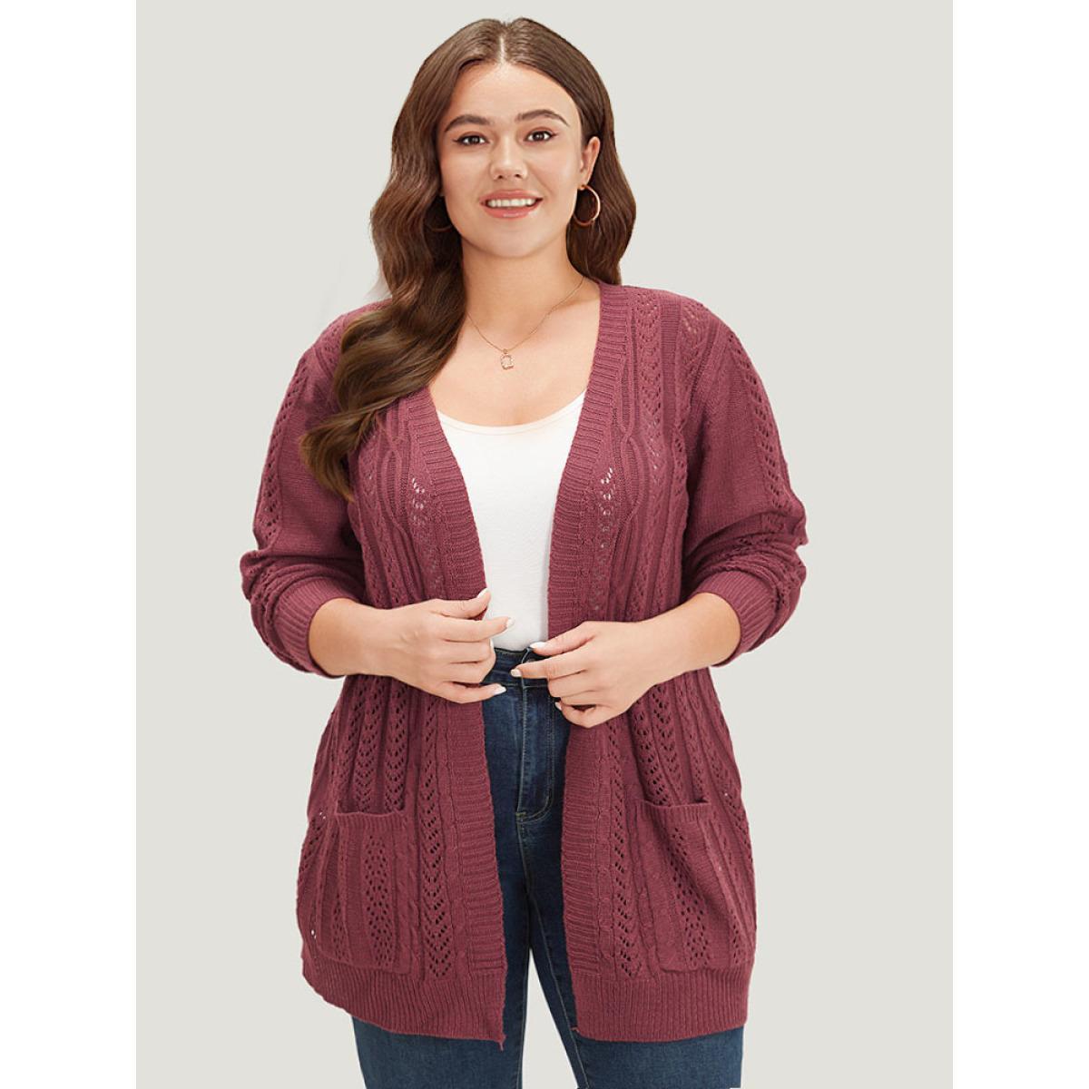 Plus Size Solid Patched Pocket Geo Eyelet Open Front Cardigan Maroon Women Casual Loose Long Sleeve Everyday Cardigans BloomChic 18-20/2X Product Image