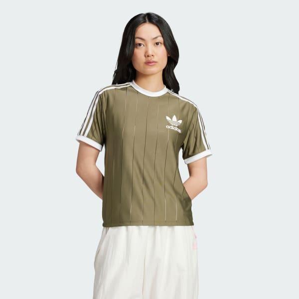 adidas Adicolor 3-Stripes Pinstripe Tee Olive Strata 2XS Womens Product Image