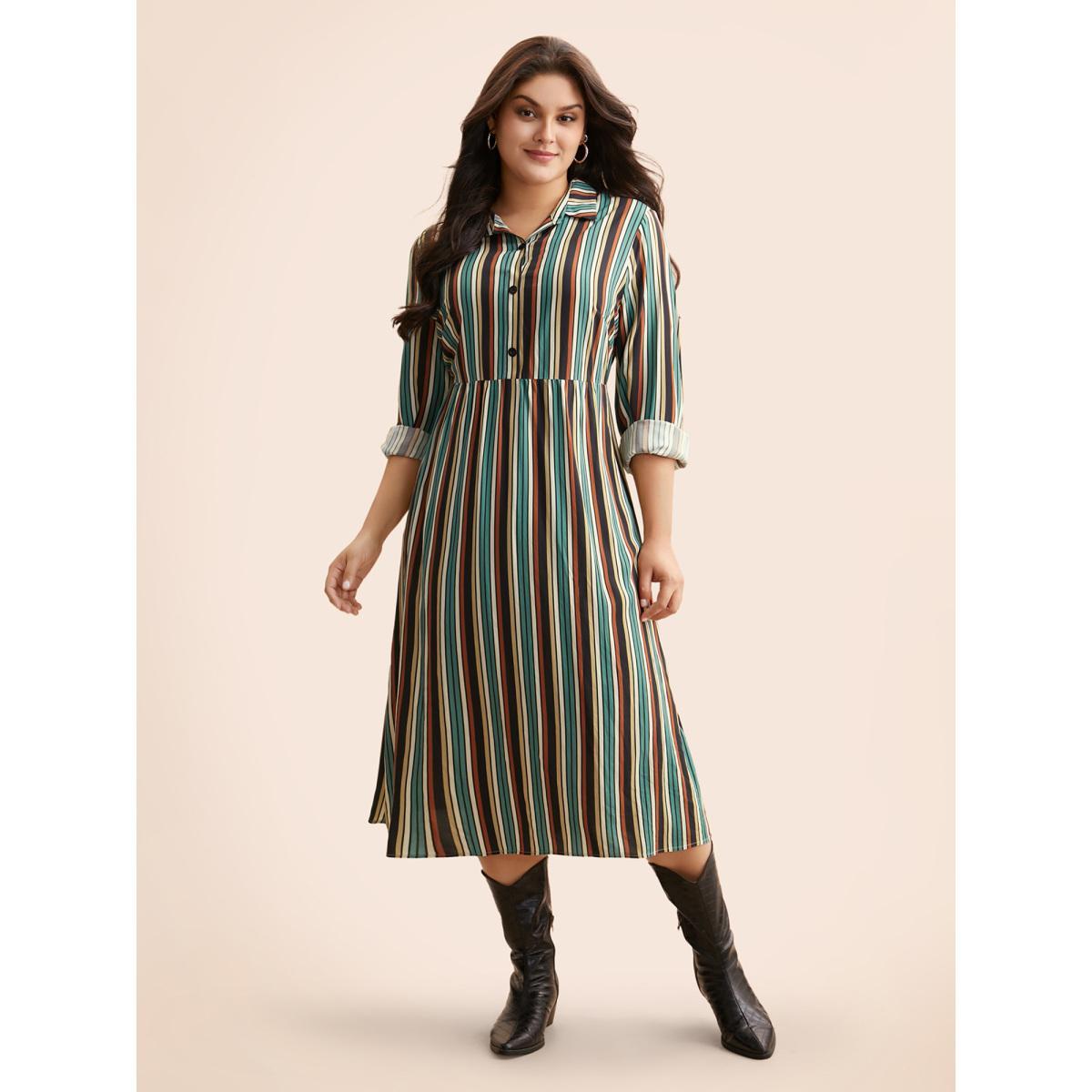 Plus Size Shirt Collar Contrast Striped Midi Dress Multicolor Women Casual Button Shirt collar Long Sleeve Curvy BloomChic 10/M Product Image