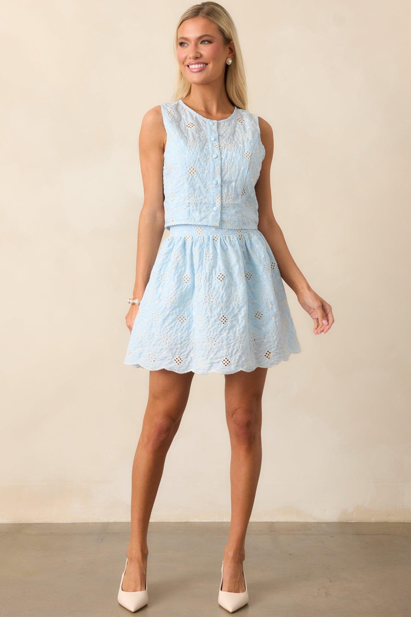 Let The Light In Sky Blue Embroidered Eyelet Crop Top Product Image