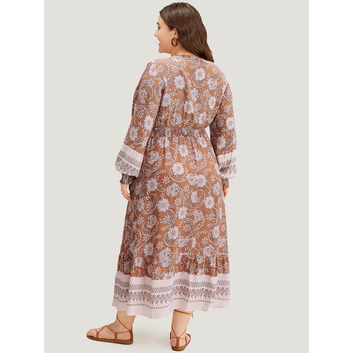 Plus Size Bandana Print Shirred Button Detail Dress Chocolate Women Resort Elastic cuffs V-neck Long Sleeve Curvy Midi Dress BloomChic 30/6X Product Image