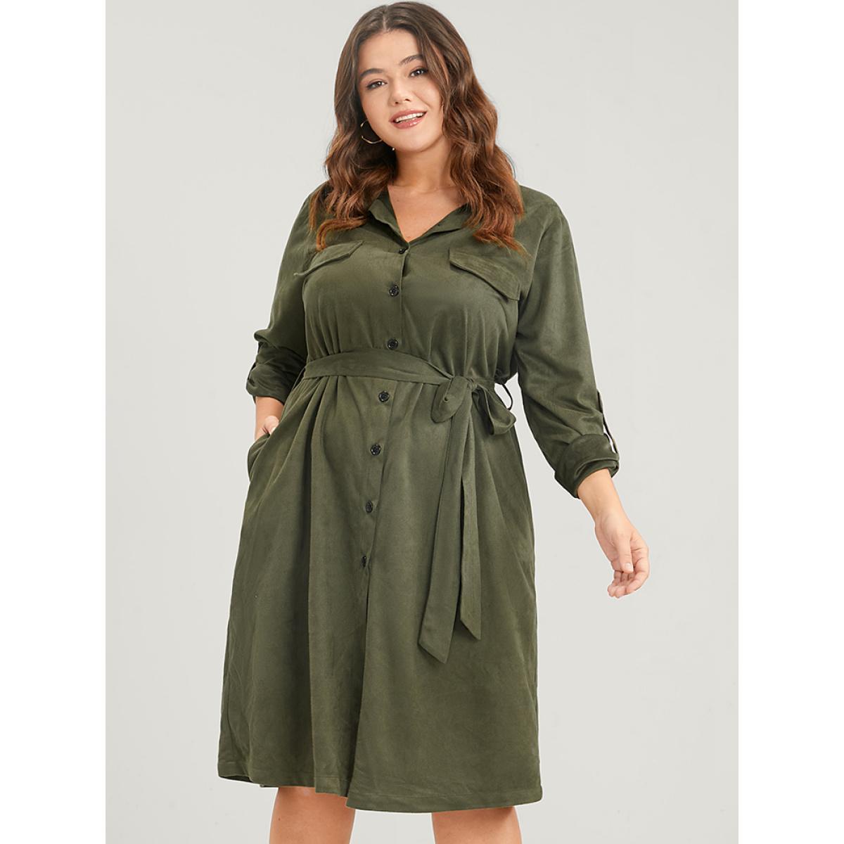 Plus Size Solid Cuffed Sleeve Pocket Button Down Belted Coat Women ArmyGreen Casual Belted Ladies Dailywear Winter Coats BloomChic 12/L Product Image