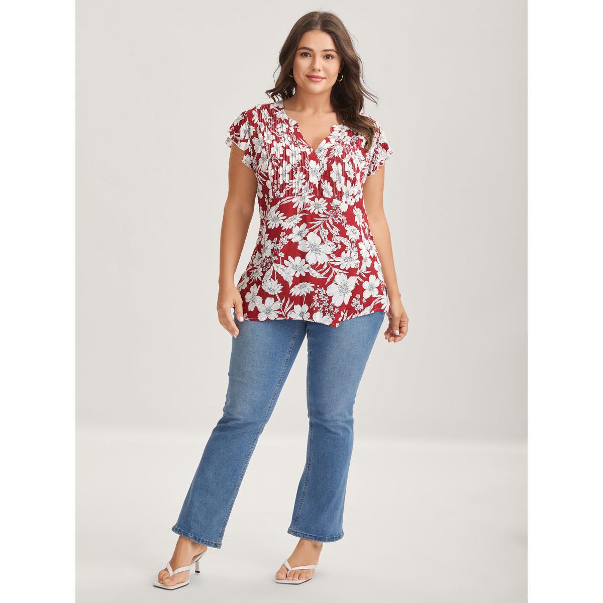 Plus Size Scarlet Silhouette Floral Toothpick Pleat Blouse Women Cap Sleeve Flat collar with V-notch Everyday-Elegant Blouses BloomChic 14-16/1X Product Image
