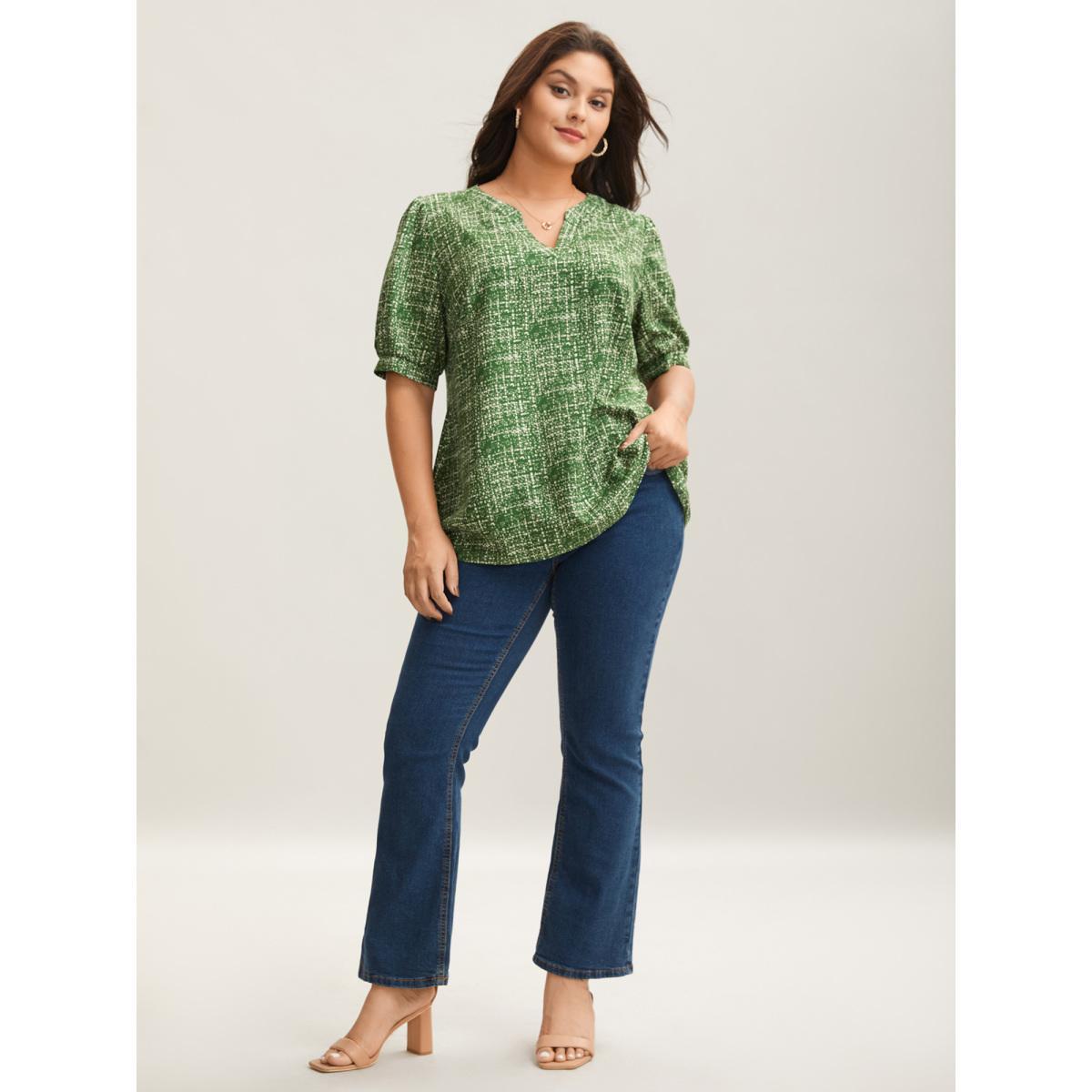 Plus Size Truegreen Geometric Print Puff Sleeve Blouse Women Elegant Short sleeve Flat collar with V-notch Everyday Blouses BloomChic 12/L Product Image