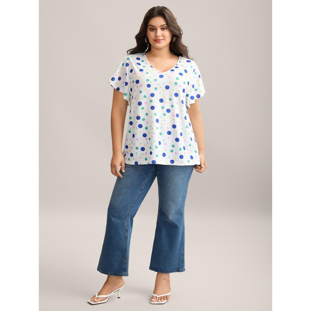 Plus Size Stretchy Playful Polka Dots Ruffled T-Shirt WhiteSmoke Women Contrast V-neck Everyday-Elegant T-shirts BloomChic 18-20/2X Product Image