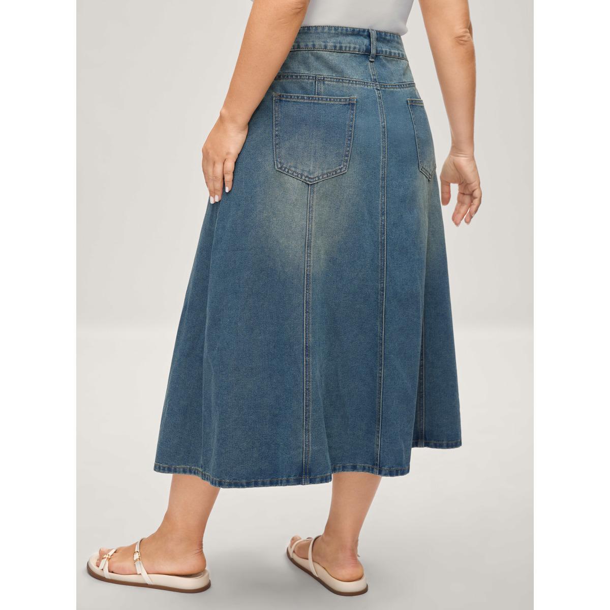 Plus Size Vintage Wash A-Line Denim Maxi Skirt Women Denimblue Everyday-Elegant No stretch Medium Wash 26/4X Slanted pocket Casual Denim Skirts BloomChic Product Image