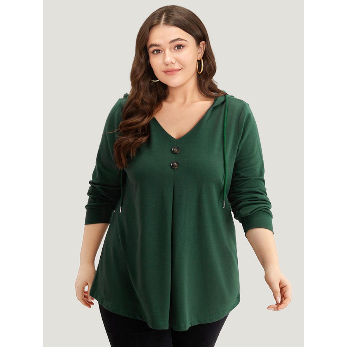 Plus Size Hooded Button Detail Plicated Detail Sweatshirt Women DarkGreen Casual Plain Hooded Everyday Sweatshirts BloomChic 22-24/3X Product Image