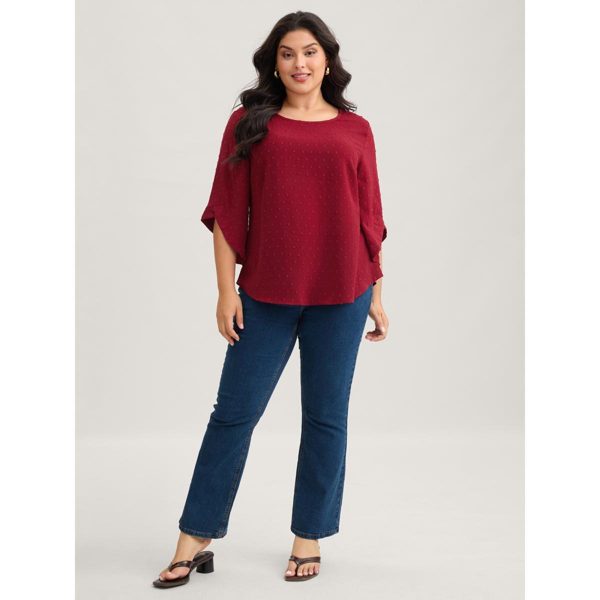 Plus Size Deepred Textured Round Neck Bell Sleeve Blouse Women Elegant Elbow-length sleeve Round Neck Everyday Blouses BloomChic 30/6X Product Image