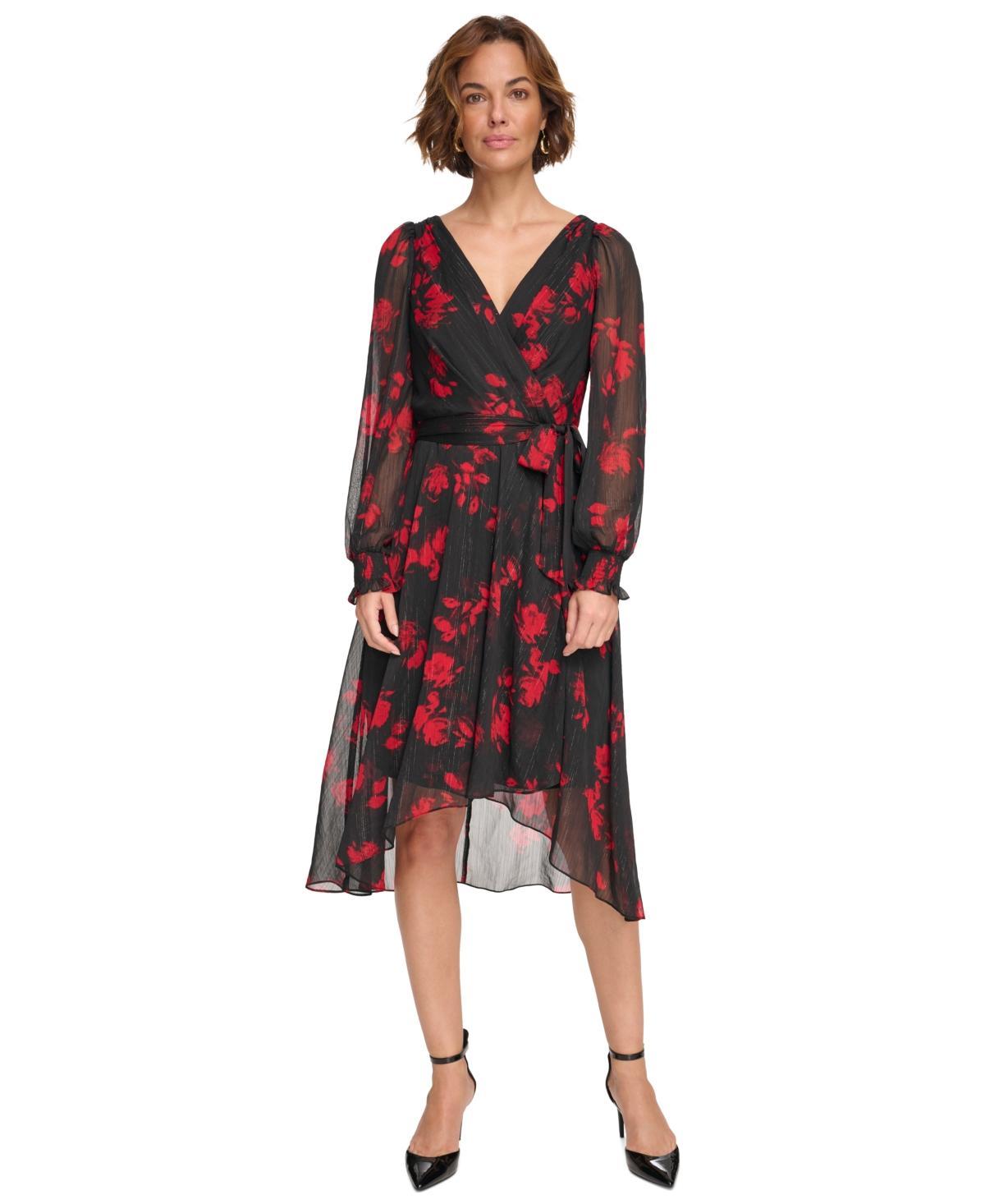 DKNY Long Balloon Sleeve with Wrap Skirt Scarlet) Women's Clothing Product Image