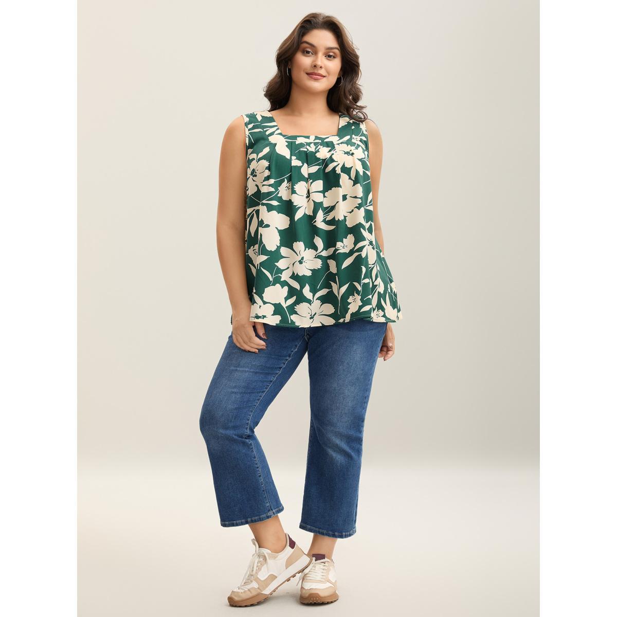 Plus Size Silhouette Flower Print Tank Top Women Teal Contrast Square Neck Everyday-Casual Tank Tops Camis BloomChic 18-20/2X Product Image