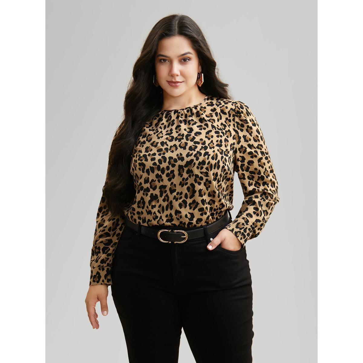 Plus Size LightBrown Leopard Print Mock Neck Gathered Blouse Women At the Office Long Sleeve Mock Neck Work Blouses BloomChic 22-24/3X Product Image