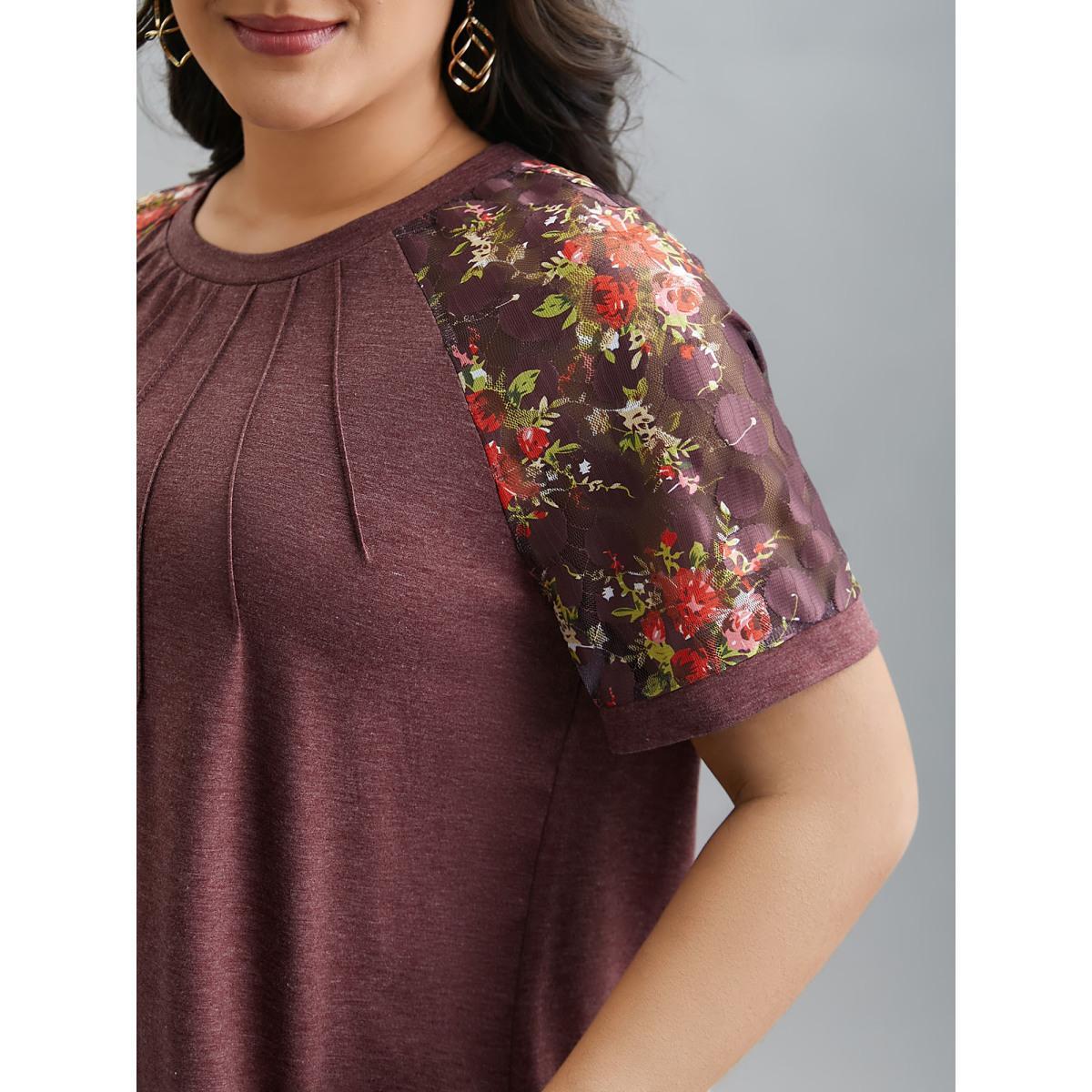 Plus Size Floral Plicated Detail Heather Stretchy T-Shirt Russet Women Elegant Tucked seam Round Neck Everyday T-shirts BloomChic 14-16/1X Product Image