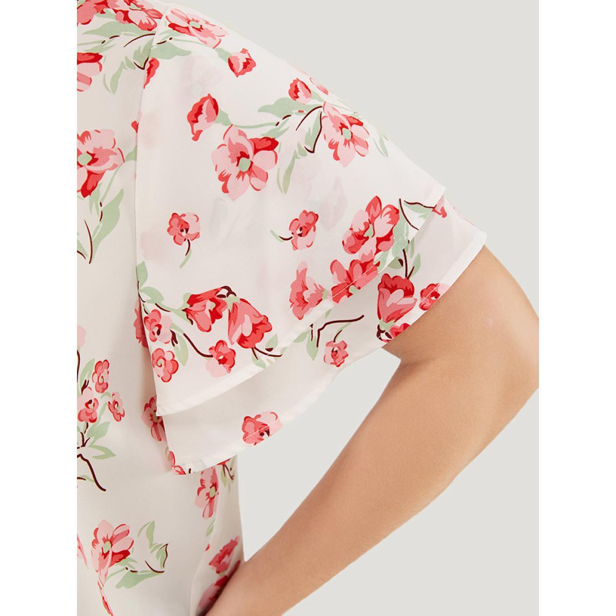 Plus Size White Floral Printed Button Up Flutter Layered Sleeve Blouse Women Elegant Short sleeve Notched collar Dailywear Blouses BloomChic 12/L Product Image
