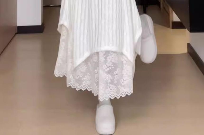 Long-Sleeve V-Neck Mock Two-Piece Asymmetrical Lace Panel Layered Midi A-Line Knit Dress / Mock Neck Dress Product Image