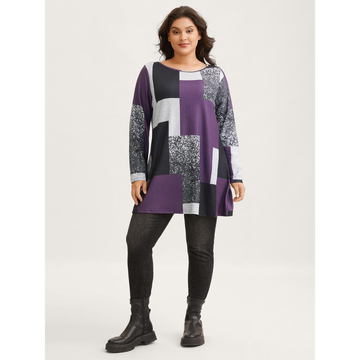 Plus Size Colorblock Contrast Round Neck T-shirt Eggplant Women Elegant Contrast Colorblock Boat Neck Dailywear T-shirts BloomChic 26/4X Product Image