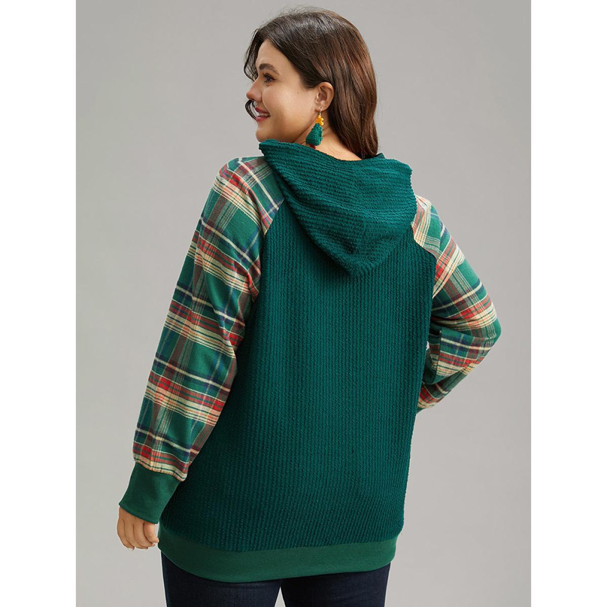 Plus Size Plaid Contrast Pocket Rib Knit Hooded Sweatshirt Women Green Casual Rib Knit Hooded Festival-Christmas Sweatshirts BloomChic 28/5X Product Image