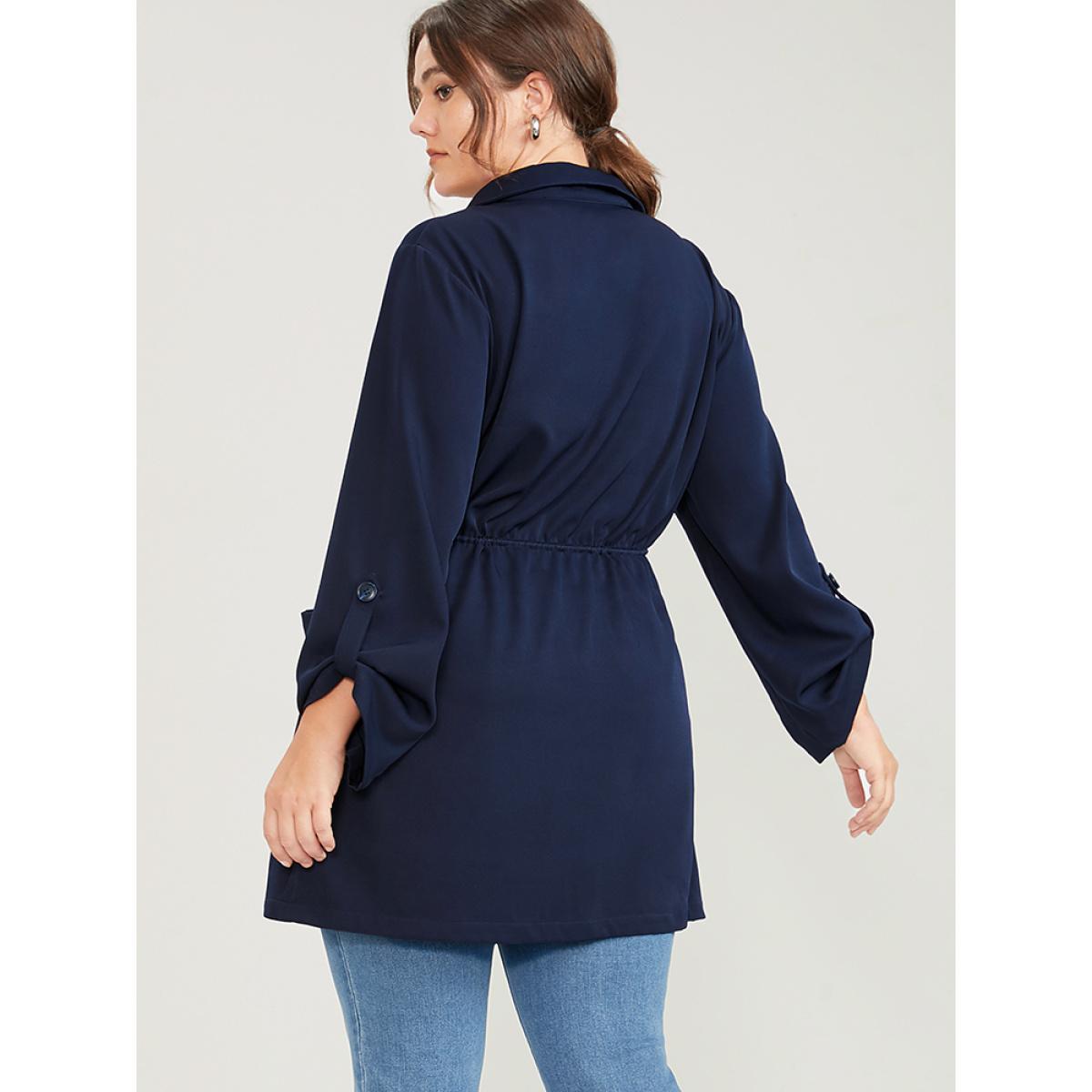 Plus Size Solid Pocket Button Up Cuffed Sleeve Drawstring Coat Women Navy Elegant Pocket Ladies Dailywear Winter Coats BloomChic 10/M Product Image