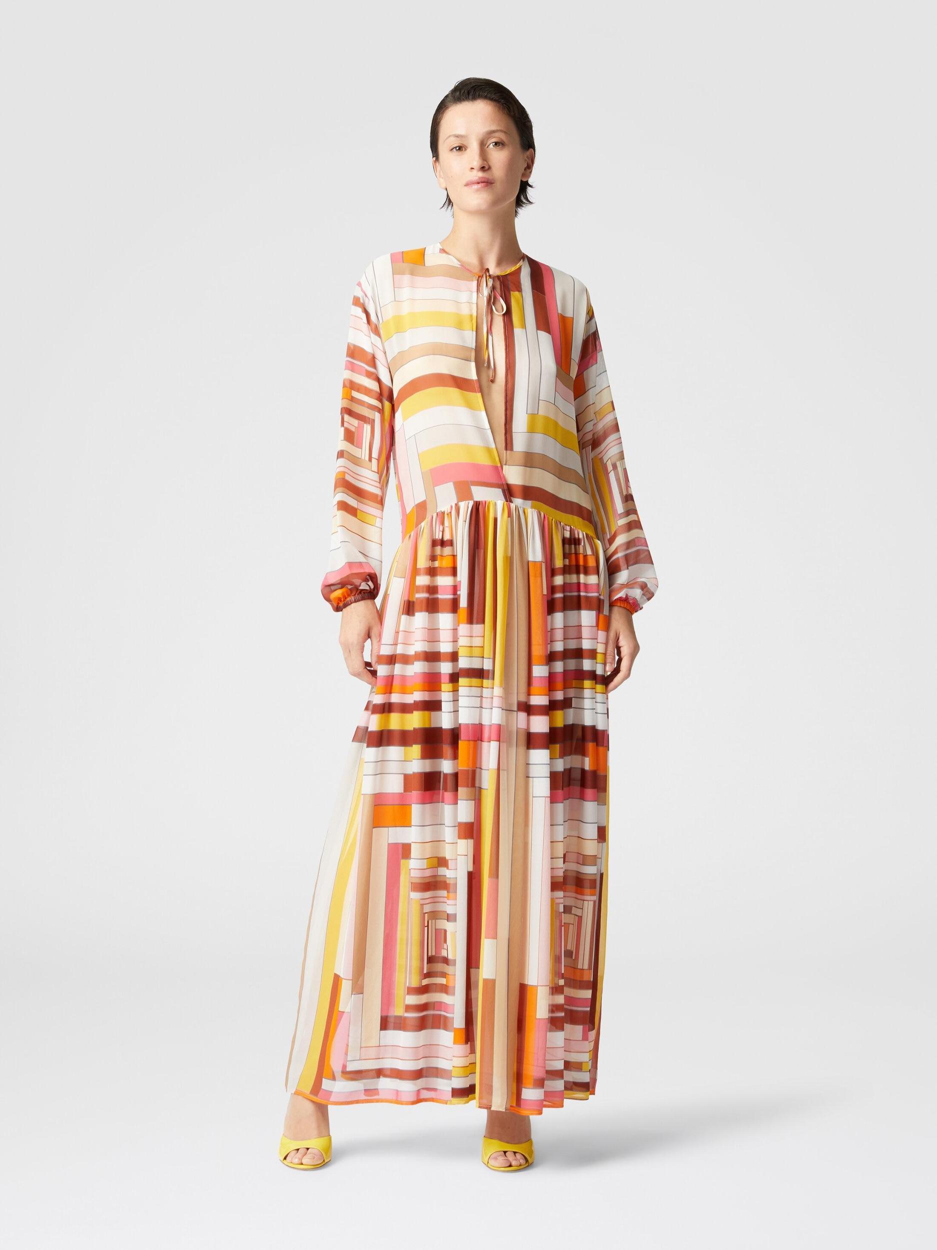 Long cover-up dress in printed silk with long sleeves Product Image