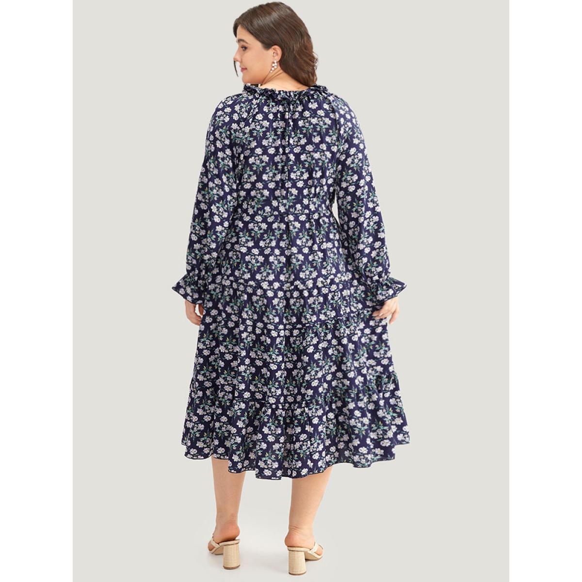 Plus Size Ditsy Floral Pocket Tie Neck Frill Trim Dress Indigo Women Vacation Cross straps Tie Neck Long Sleeve Curvy Midi Dress BloomChic 12/L Product Image