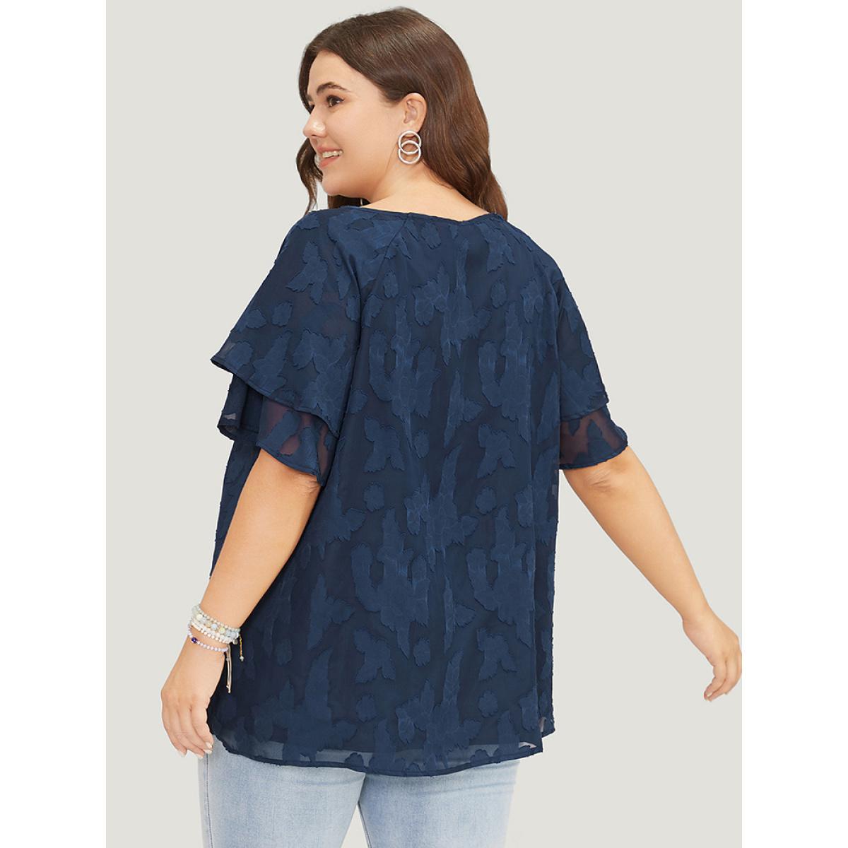 Plus Size Indigo Floral Print Ruffle Tiered Raglan Sleeve Mesh Blouse Women Elegant Short sleeve Round Neck Everyday Blouses BloomChic 26/4X Product Image