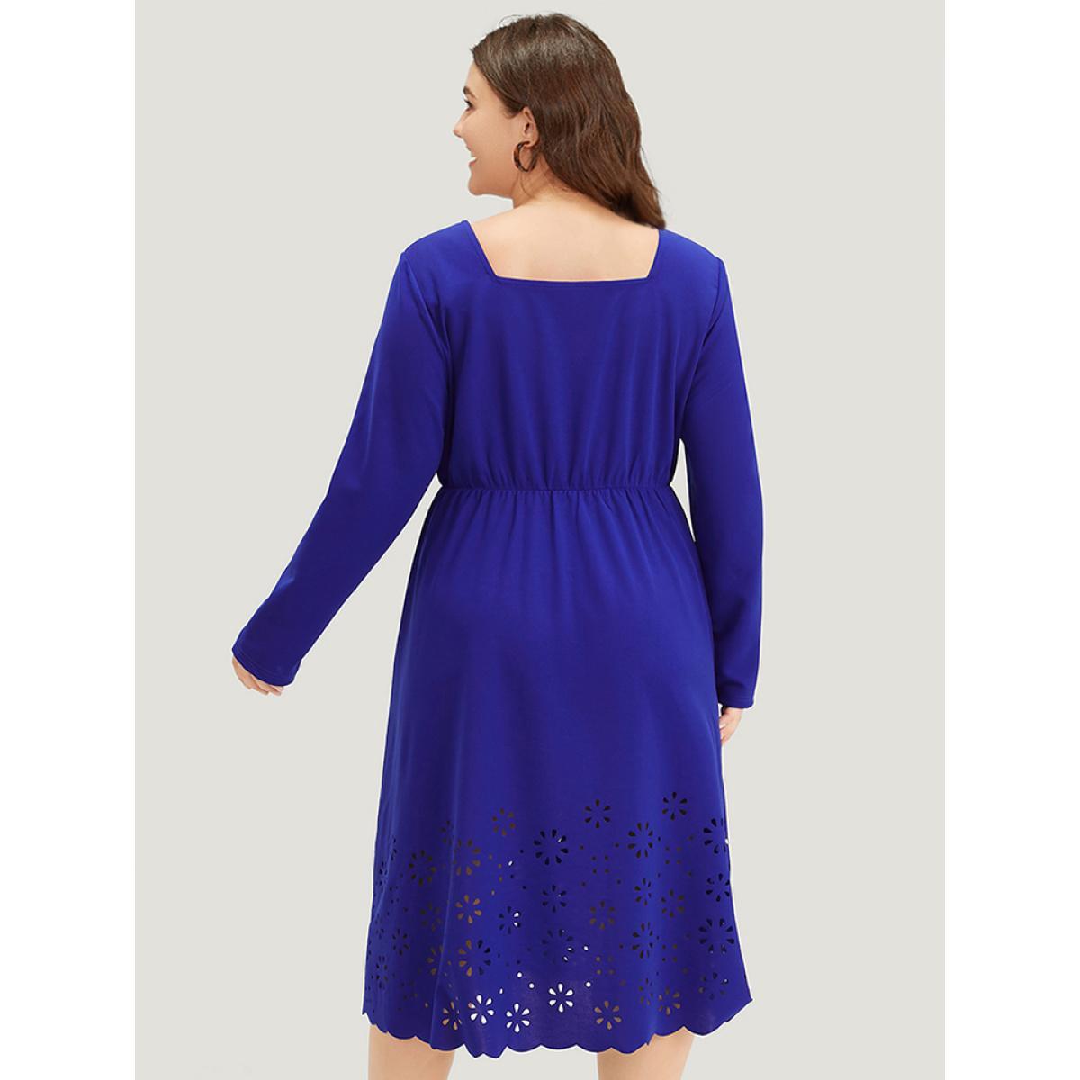 Plus Size Plain Laser Cut Gathered Square Neck Dress DarkBlue Women Elegant Plain Square Neck Long Sleeve Curvy Midi Dress BloomChic 14-16/1X Product Image