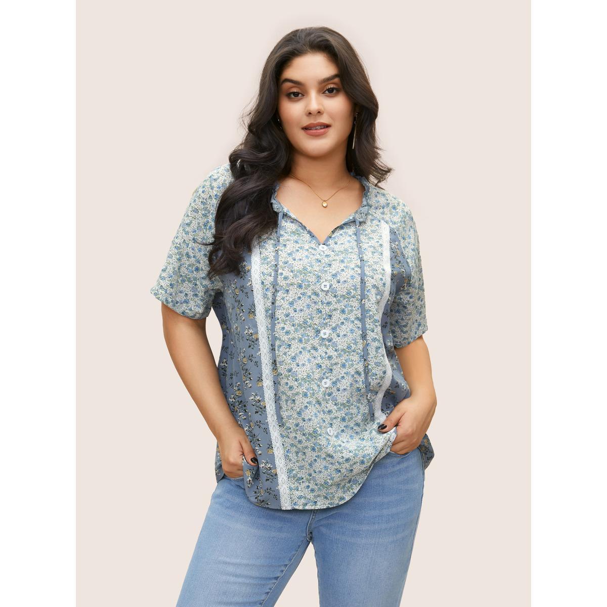 Plus Size Stone Ditsy Floral Ruffles Lace Patchwork Ties Blouse Women Elegant Short sleeve Notched collar Everyday Blouses BloomChic 12/L Product Image