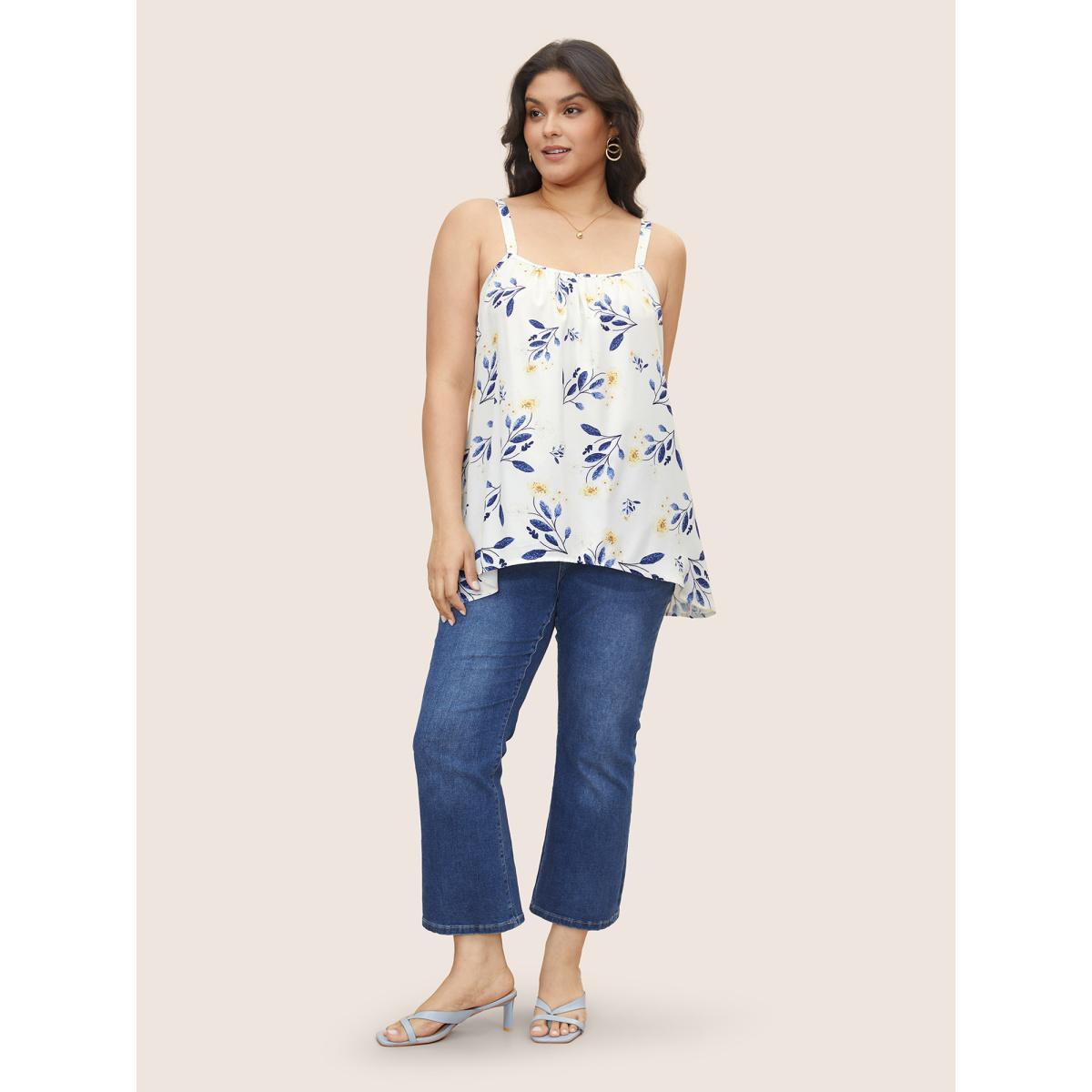 Plus Size Floral Gathered Adjustable Straps Tank Top Women White Elegant Gathered Everyday Tank Tops Camis BloomChic 18-20/2X Product Image