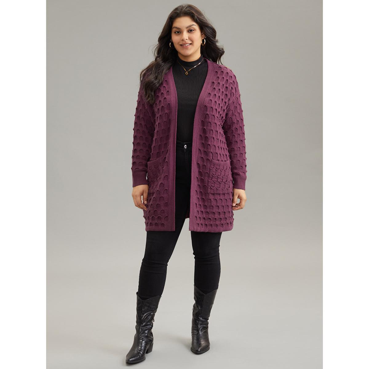 Plus Size Open Front Plisse Patched Pocket Loose Cardigan RedViolet Women Casual Loose Long Sleeve Everyday Cardigans BloomChic 12/L Product Image