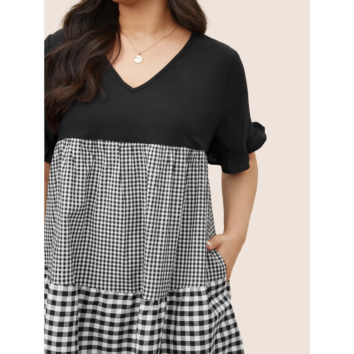 Plus Size Gingham Patchwork V Neck Pocket Ruffles Dress Black Women Casual Non V-neck Half Sleeve Curvy Knee Dress BloomChic 22-24/3X Product Image