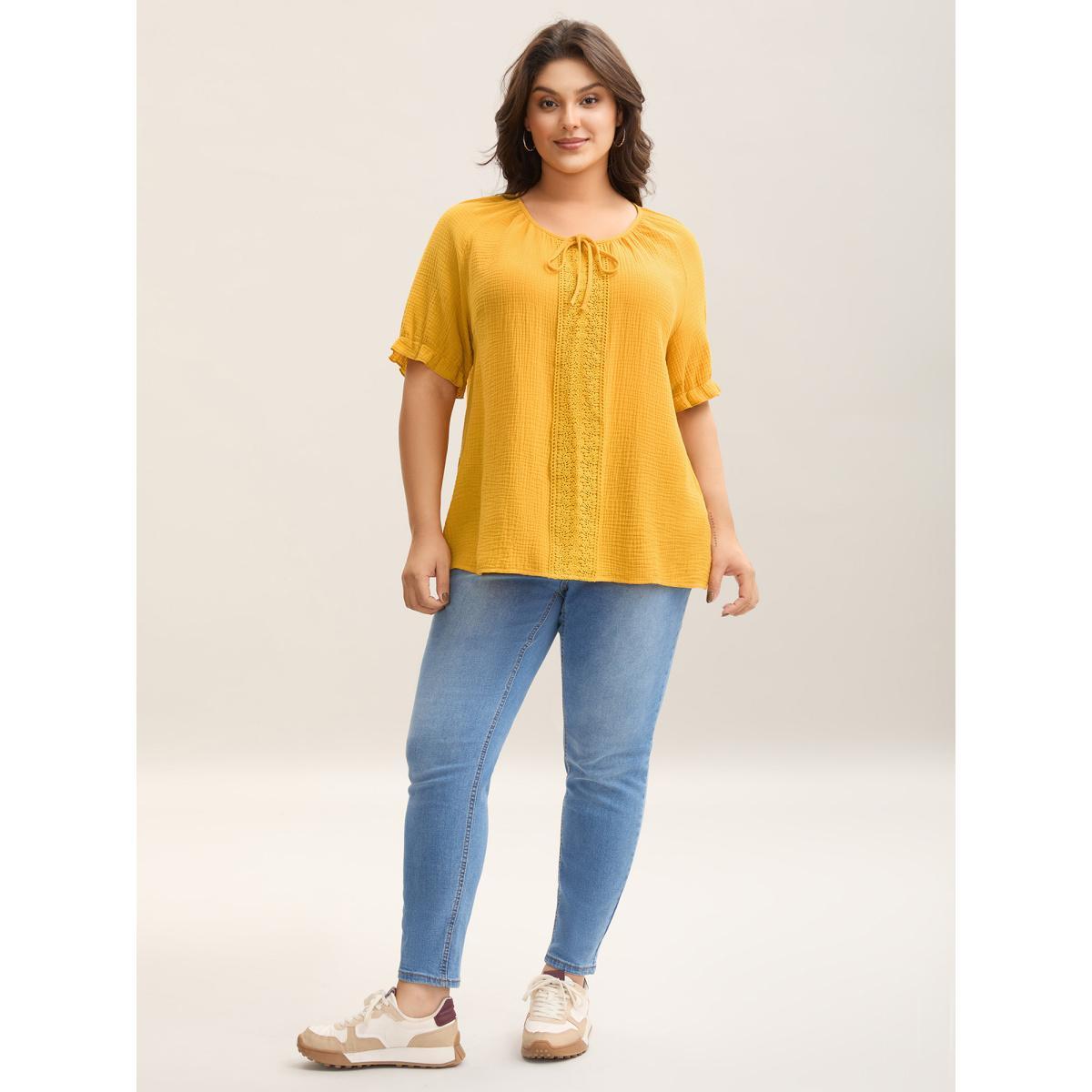 Plus Size Turmeric Pure Cotton Lace Placket Tied Blouse Women Short sleeve Round Neck Everyday-Casual Blouses BloomChic 18-20/2X Product Image