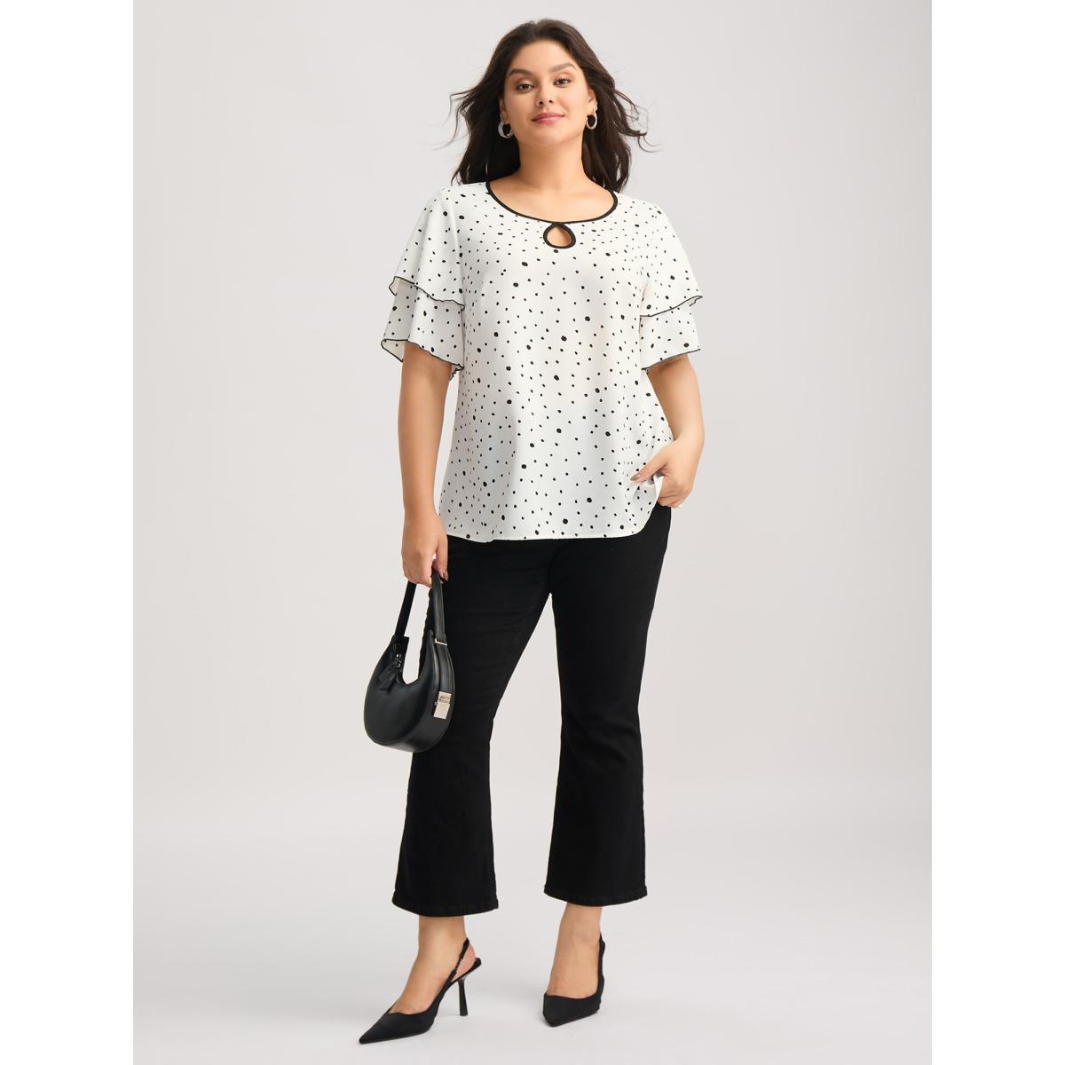 Plus Size Originalwhite Polka Dots Contrast Layered Sleeve Blouse Women Short sleeve Round Neck Work Blouses BloomChic 12/L Product Image
