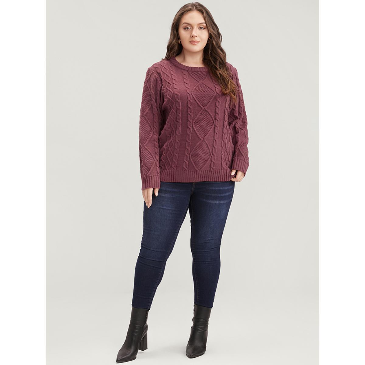Plus Size Solid Pointelle Knit Round Neck Geometric Cable Knit Top Russet Women Casual Long Sleeve Round Neck Dailywear Pullovers BloomChic 14-16/1X Product Image