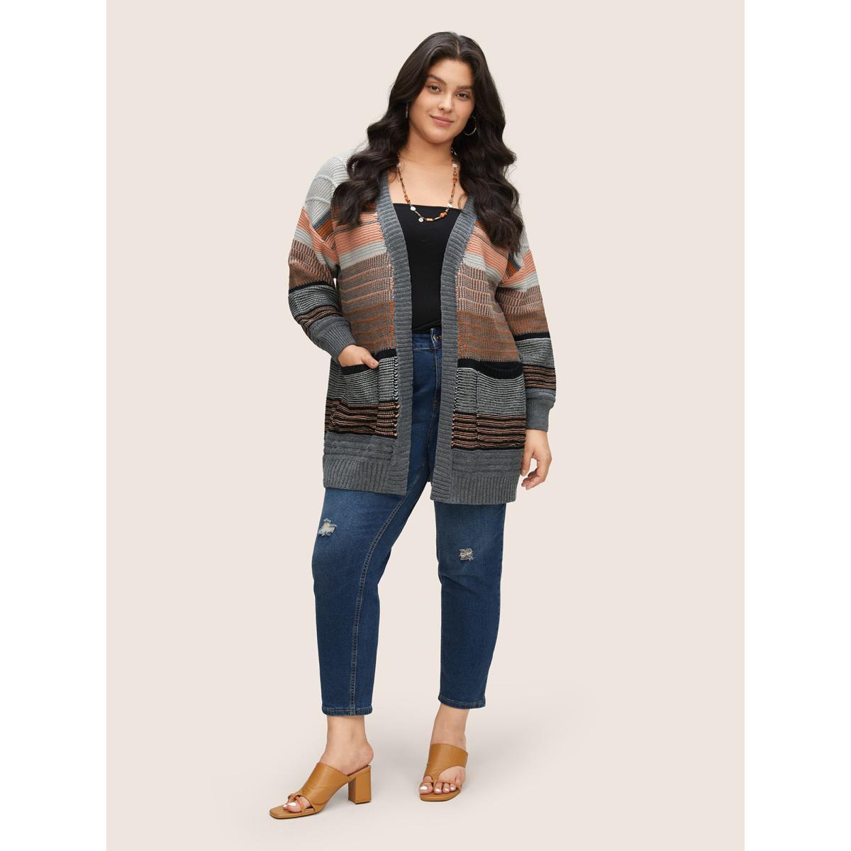 Plus Size Textured Patchwork Contrast Pocket Open Front Cardigan Gray Women Casual Loose Long Sleeve Dailywear Cardigans BloomChic 10/M Product Image