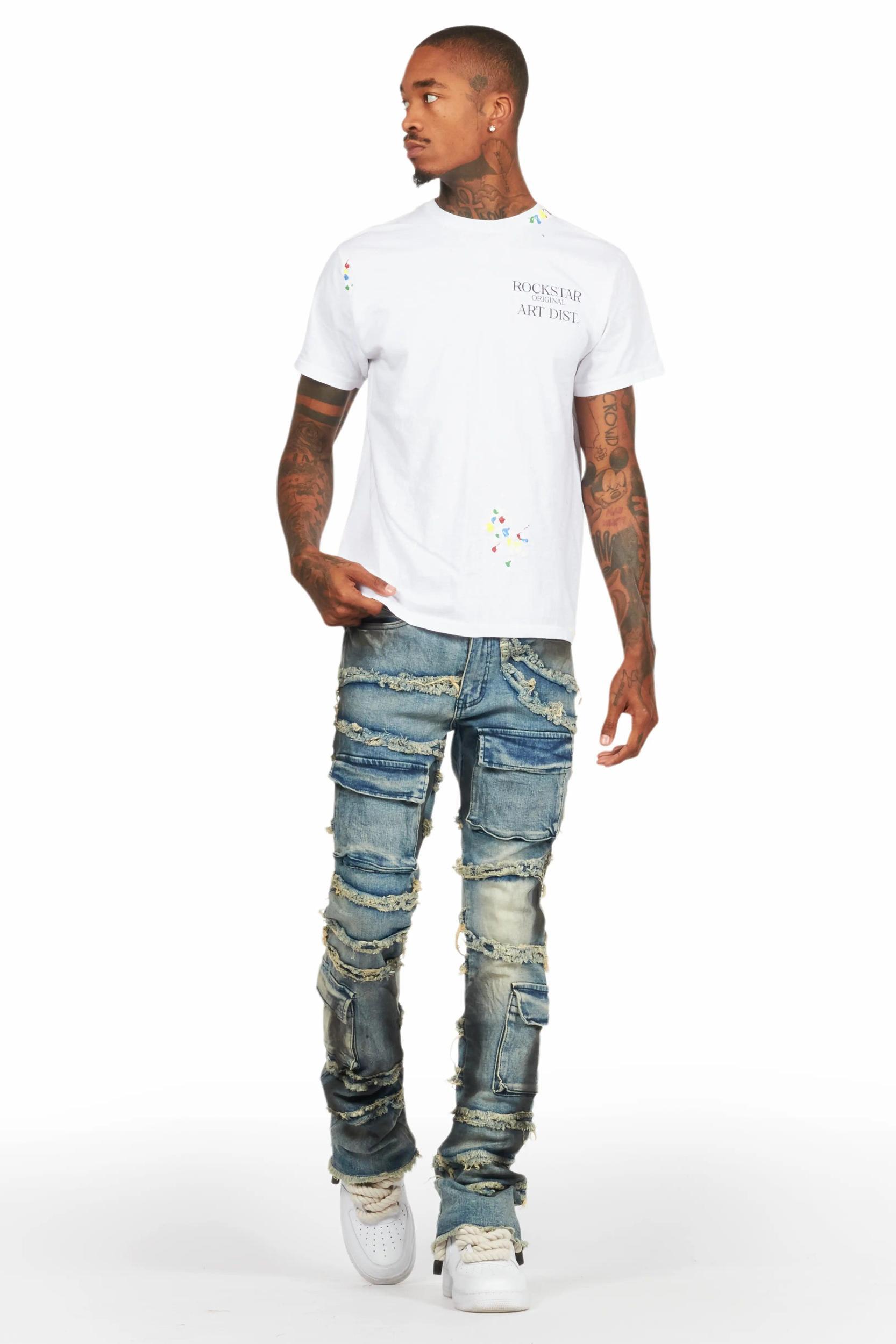 Yves Blue Stacked Flare Cargo Jean Male Product Image