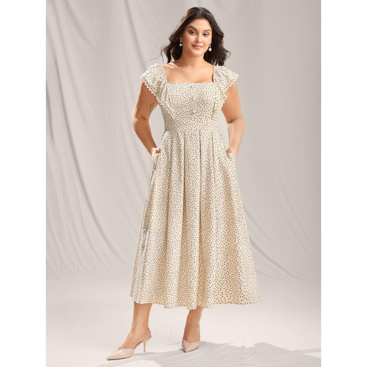 Plus Size Polka Dot Cinched-Waist Pockets Midi Dress Apricot Women Square Neck Cap Sleeve Curvy BloomChic 18-20/2X Product Image