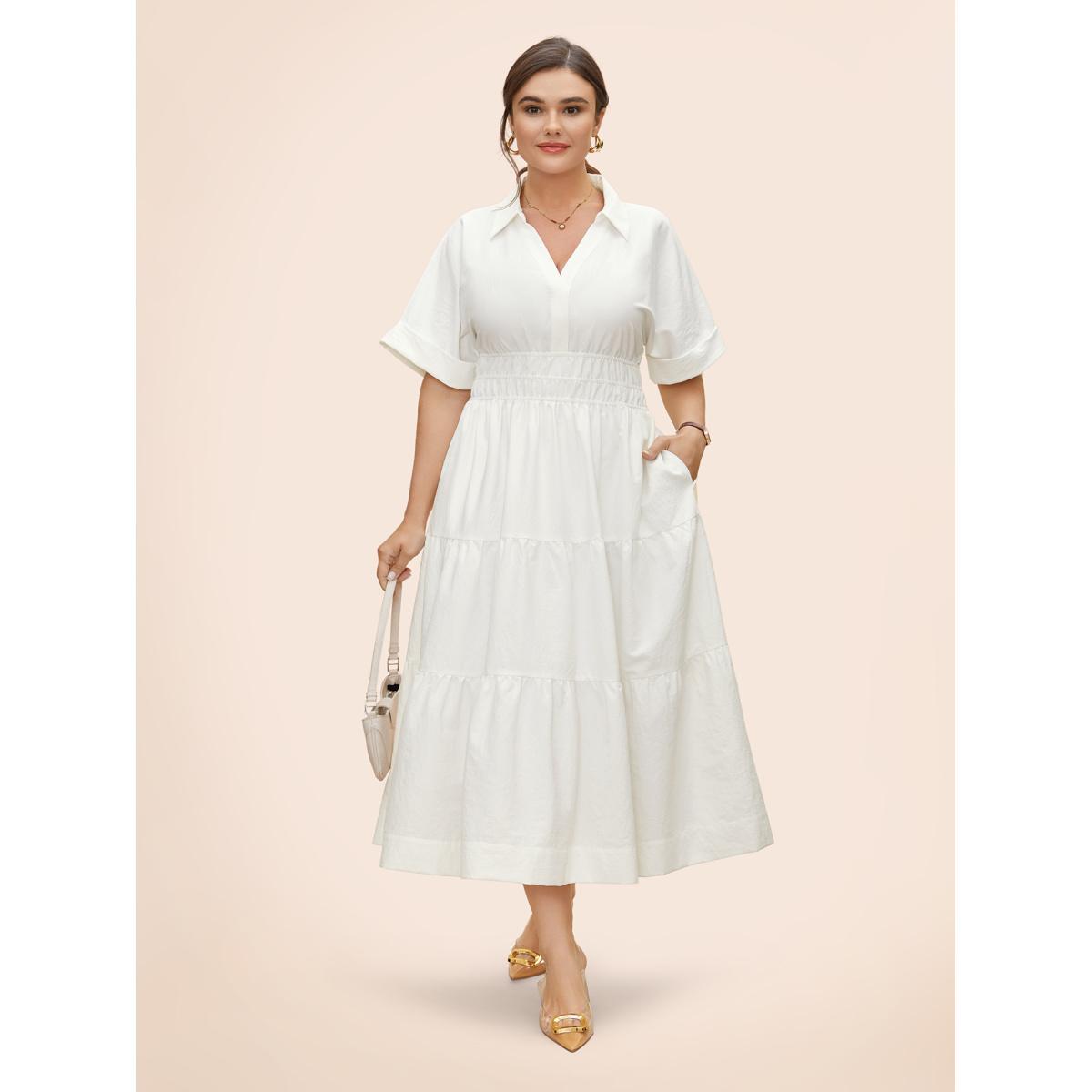 Plus Size Midfield Tiered Midi Shirt Dress Originalwhite Women At the Office Gathered Shirt collar Short sleeve Curvy BloomChic 10/M Product Image