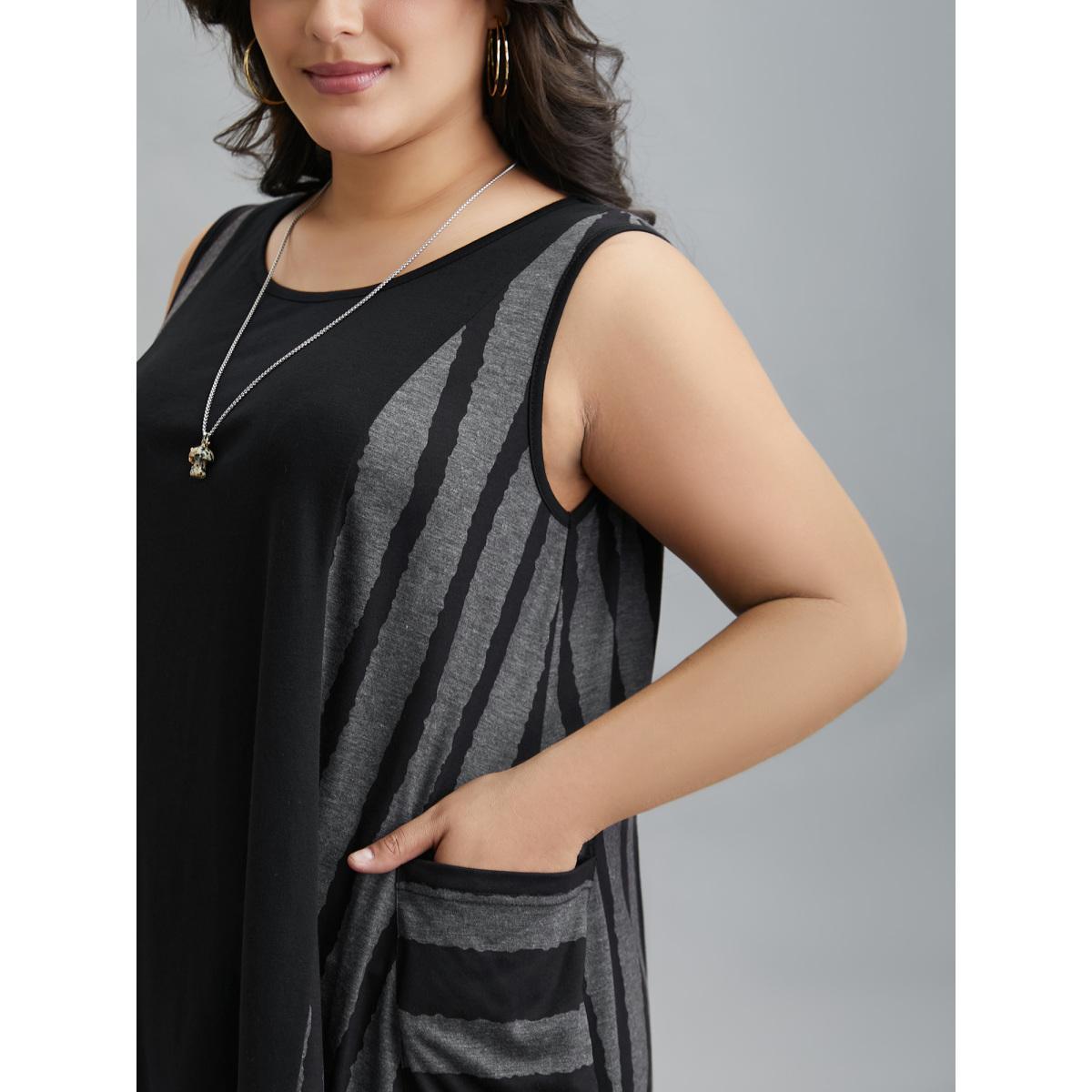 Plus Size Striped Spliced Pockets Hi-Low Hem Vest Women Black Casual Contrast Round Neck Everyday Tank Tops Camis BloomChic 22-24/3X Product Image
